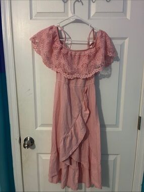 No Boundaries Pink Lace Off-Shoulder Ruffle Dress